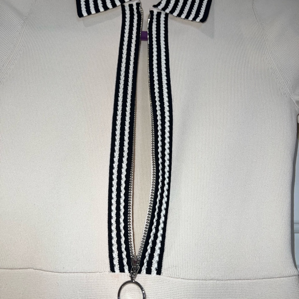 Sandro Cream Knit Polo Mini Dress with Black Trim - Picture 5 of 10